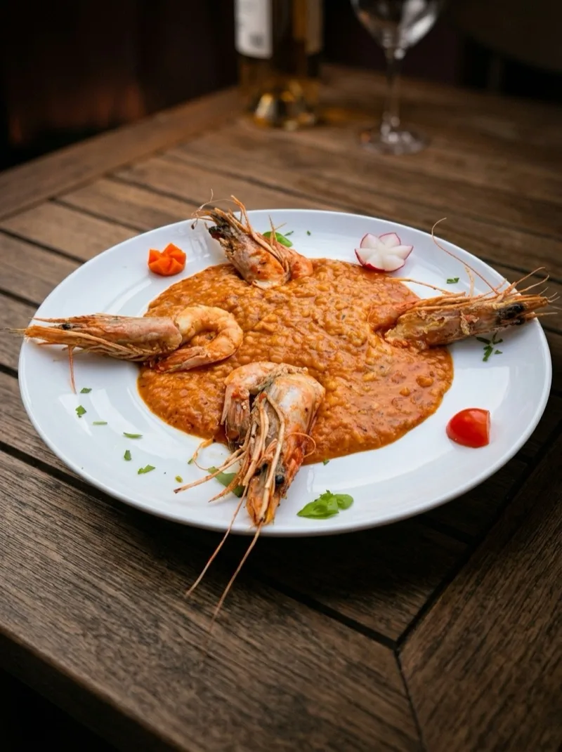 Pirouni Hamburg, gegrillte Garnelen auf cremigem Kritharaki, griechische Küche