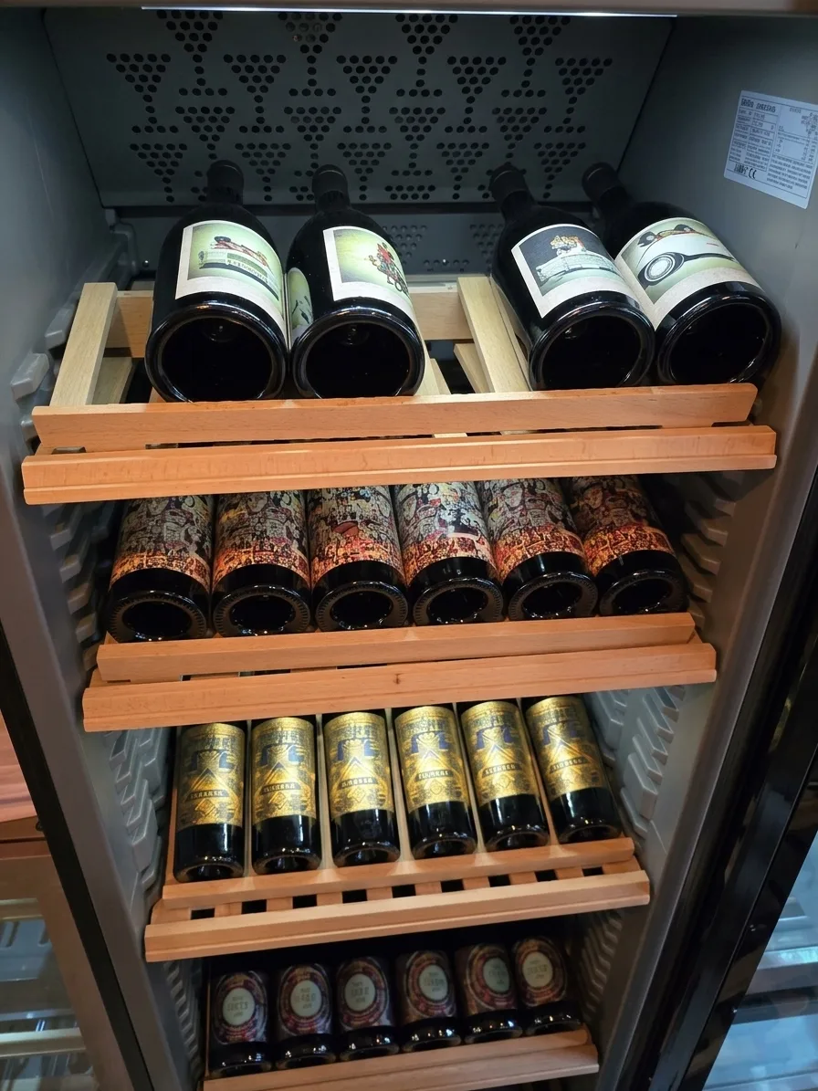 Weinkühlschrank mit gekühlten griechischen Weinen, Restaurant Pirouni Hamburg